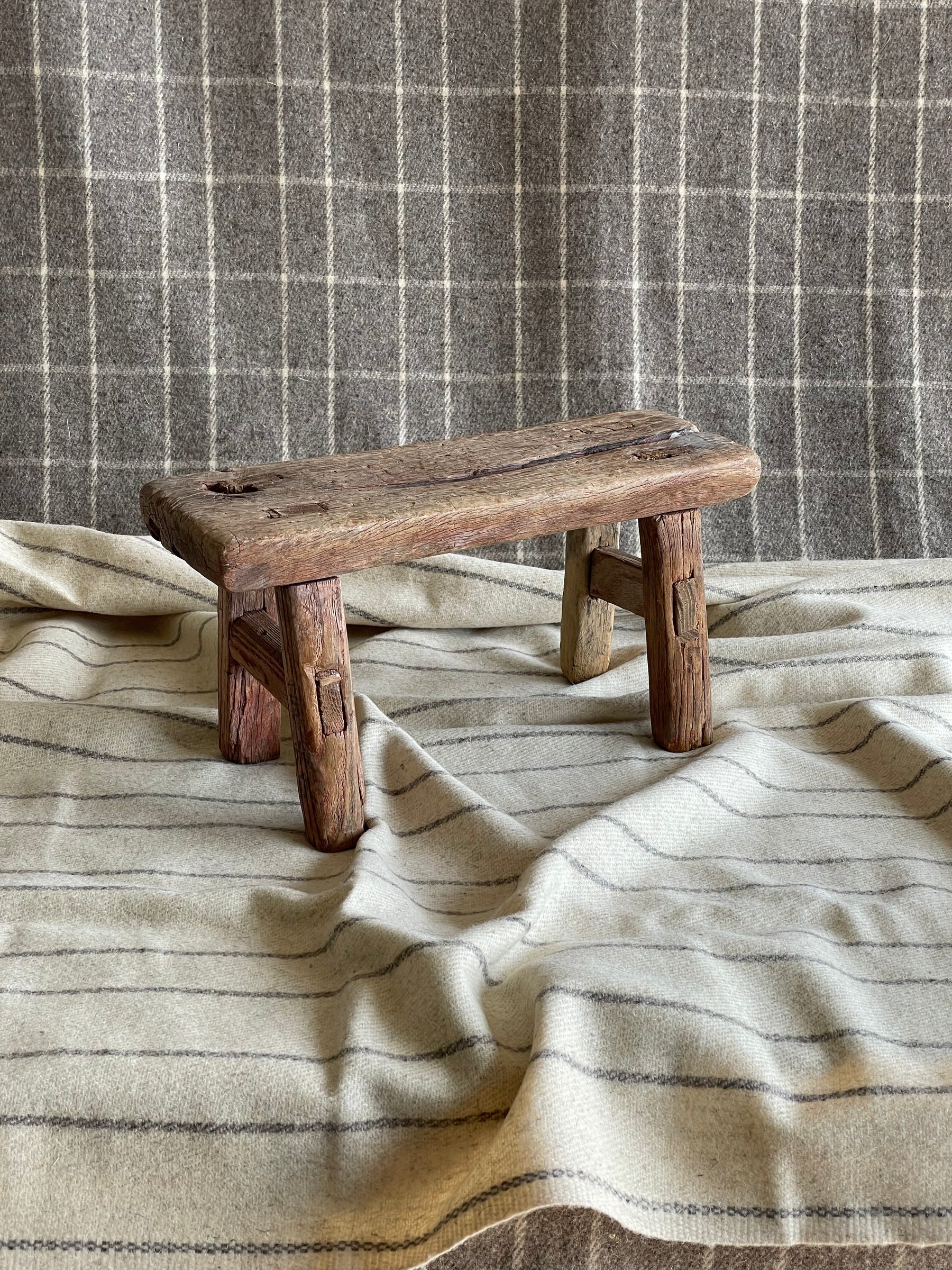 Mini Vintage Elm Wood Stool